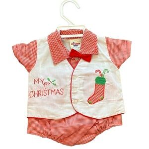 Vintage Cradle Togs My 1st Christmas Red Gingham Baby Outfit 0–6 Months
